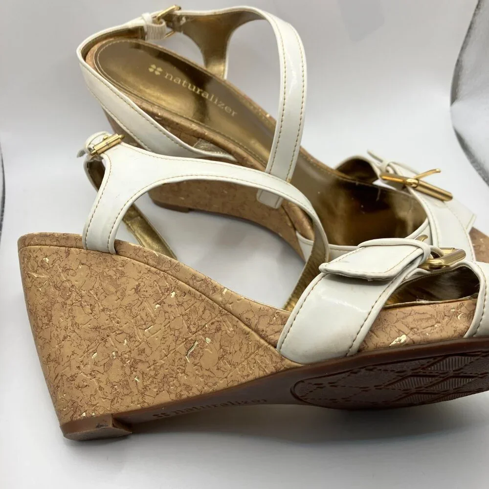 Naturalizer Sandals Leather White Cork 3.5 inch heel New Size 9 Like New